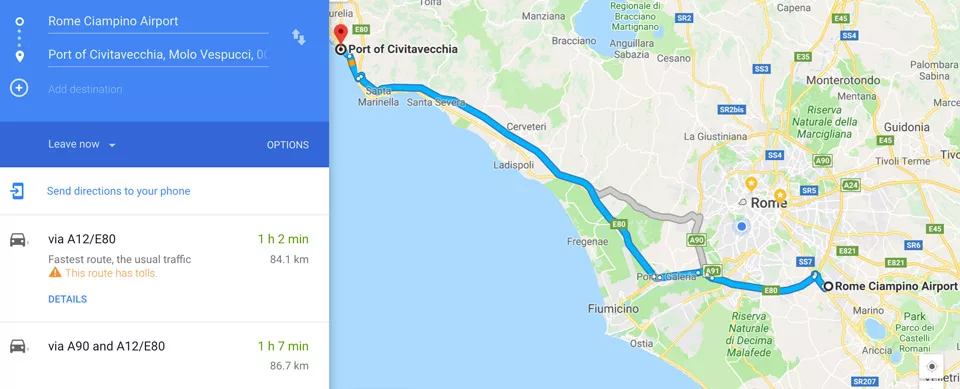 distance between the cruise port and Ciampino airport is 85 km
