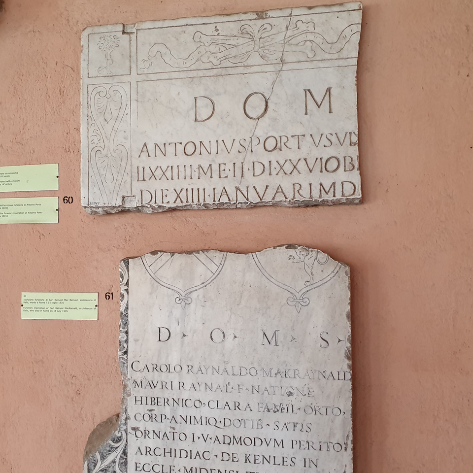 D O M and D O M S at the top of Christian funerary inscriptions displayed in Rome