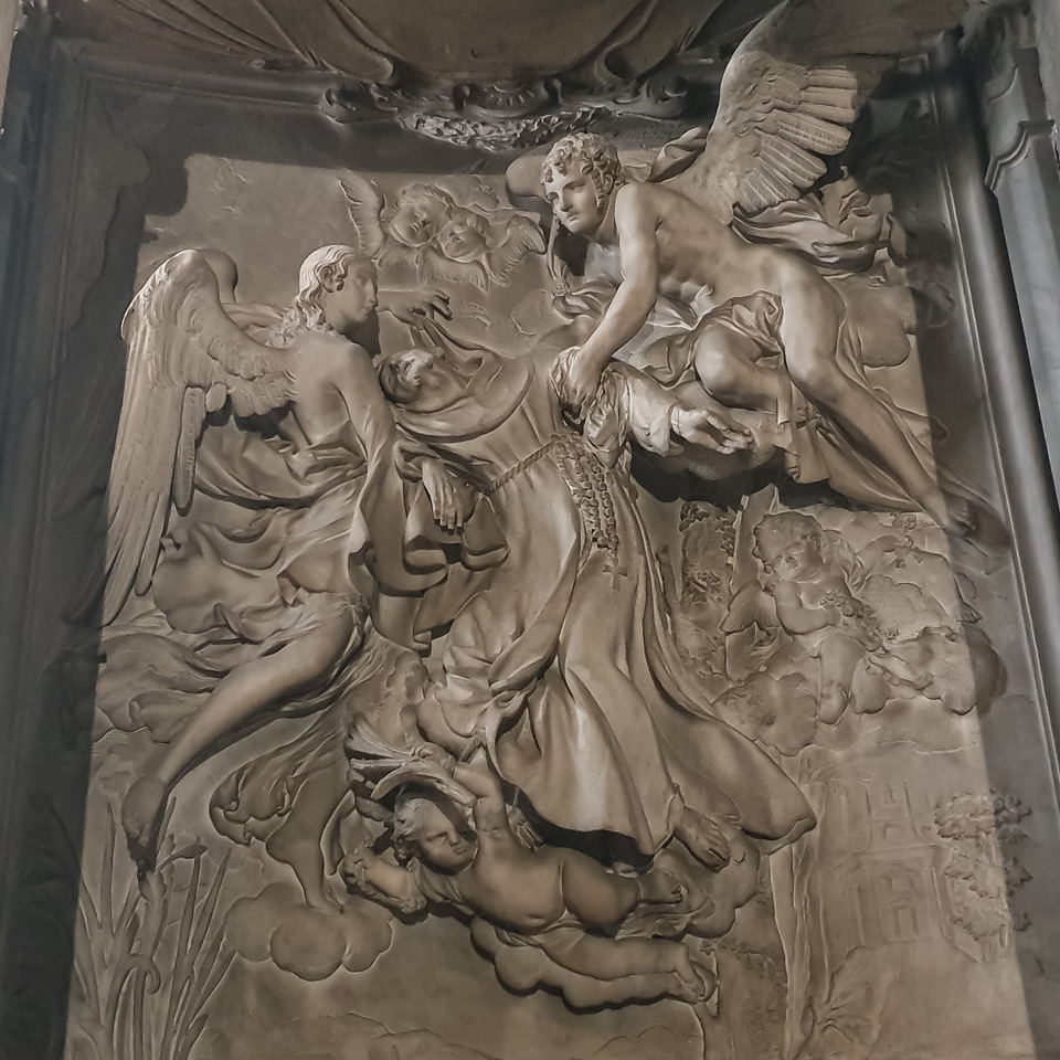 Marble relief of the Ecstasy of Saint Francis by Francesco Baratta in the Raimondi Chapel