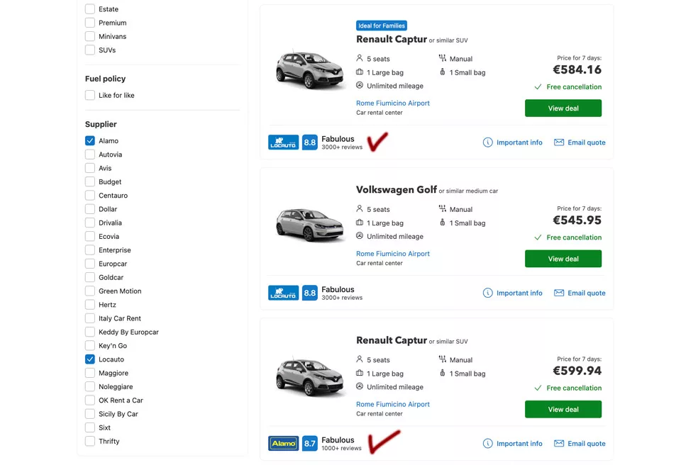 choice of car rental in Rome according to reviews