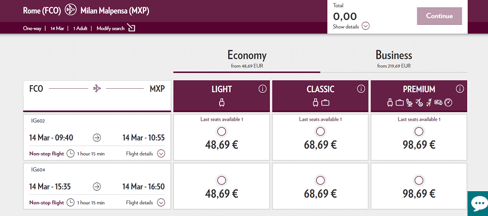 flight Rome Milan price and schedule