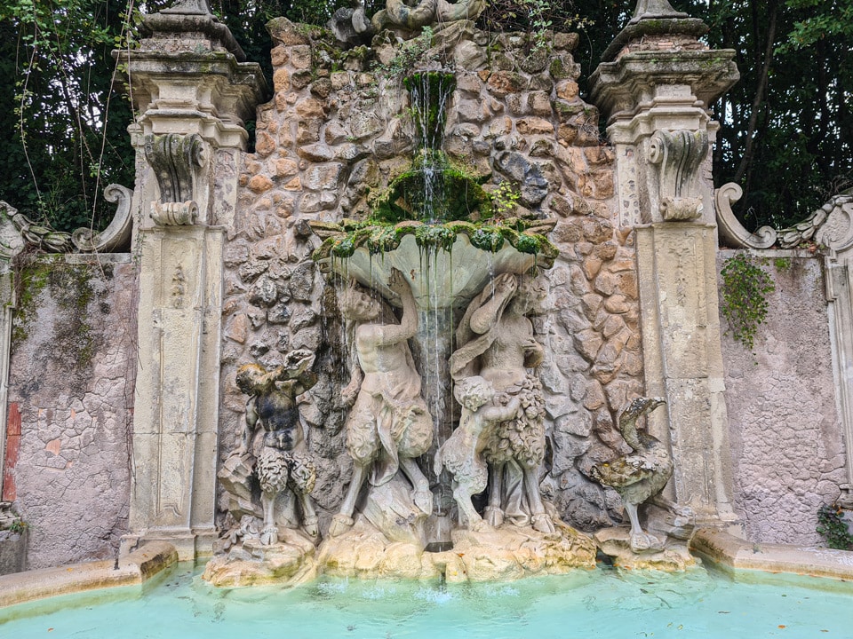 Satyrs and young satyrs supporting a giant shell in the Fontana dei Satiri at Villa Sciarra