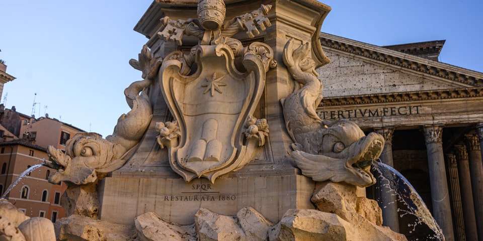 Fountain of the Pantheon Clement XI coat of arms SPQR restaurata 1880