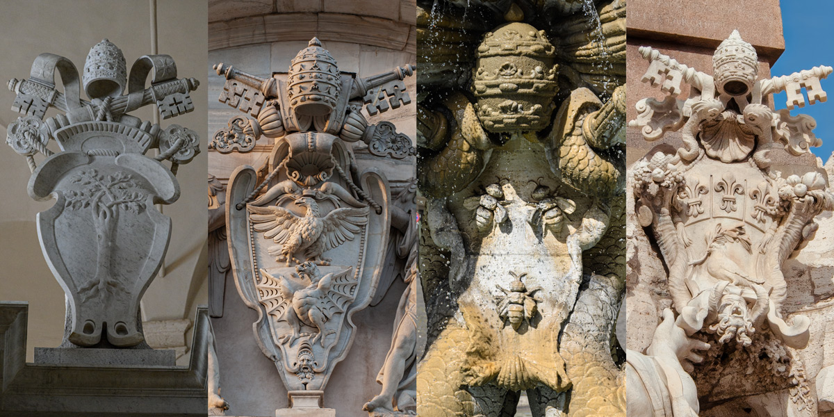 Four papal shields with a Della Rovere oak beside Borghese symbols, followed by Barberini bees and a Pamphili dove