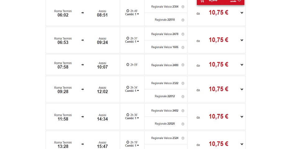 Train timetable from Rome to Assisi and ticket prices