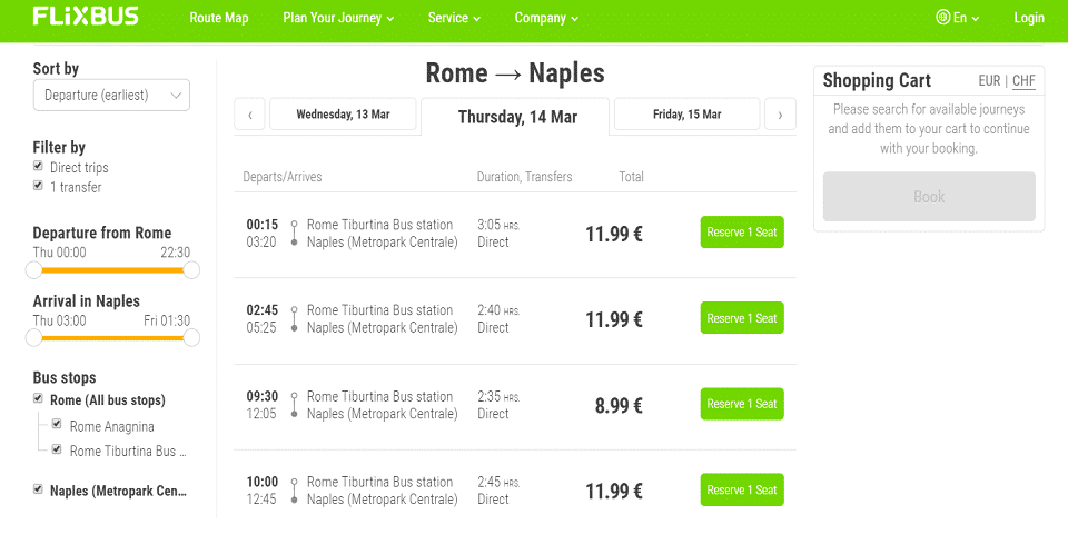 Horario de autobuses de Roma a Nápoles