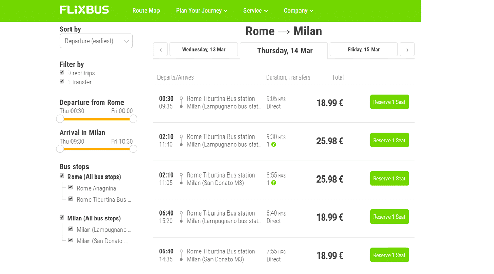 Bus schedule from Rome to Milan ticket price