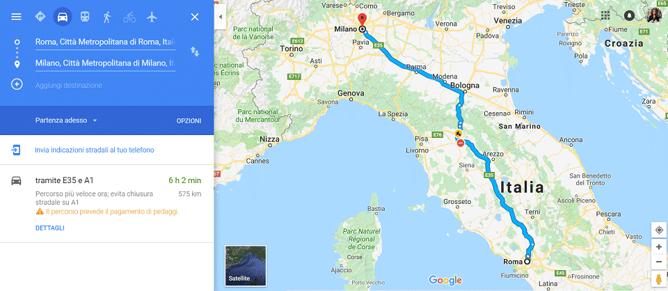 distance 575 km from Rome to Milan by car route on map