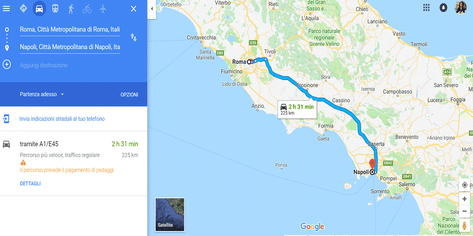 Driving Route on the map from Rome to Naples