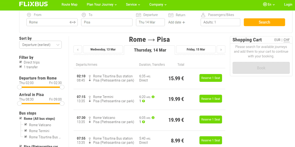 bus schedule and tickets price from Rome to Pisa