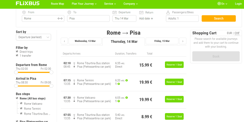 Horarios y precios de Roma a Pisa en autobús