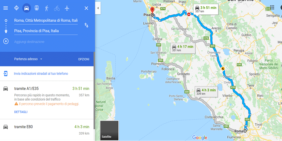 distance 340 km between Rome and Pisa on map by car