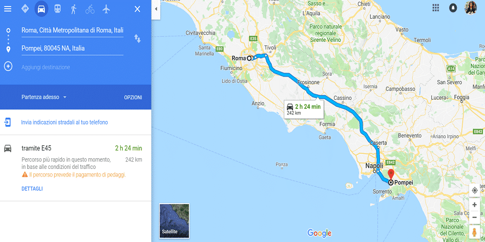 From Rome to Pompei by car distance is 242 km on map