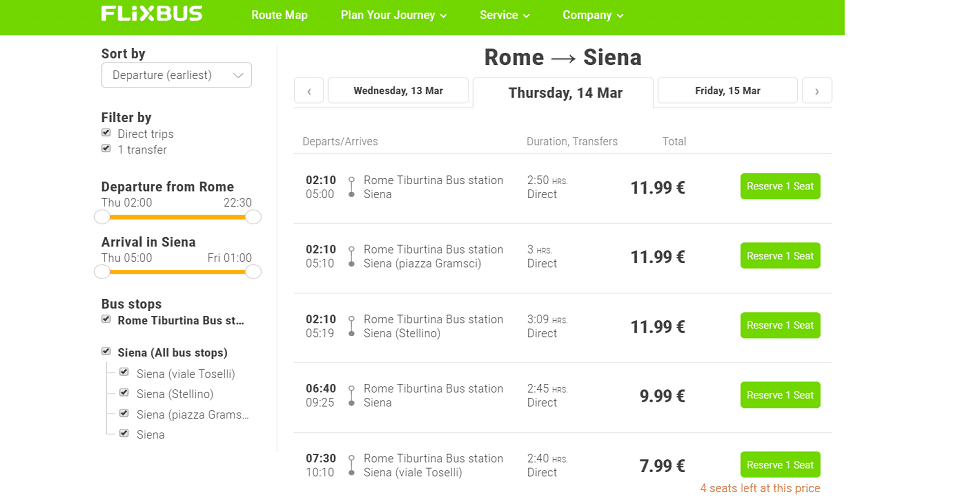 Bus timetable from Rome to Siena and ticket prices