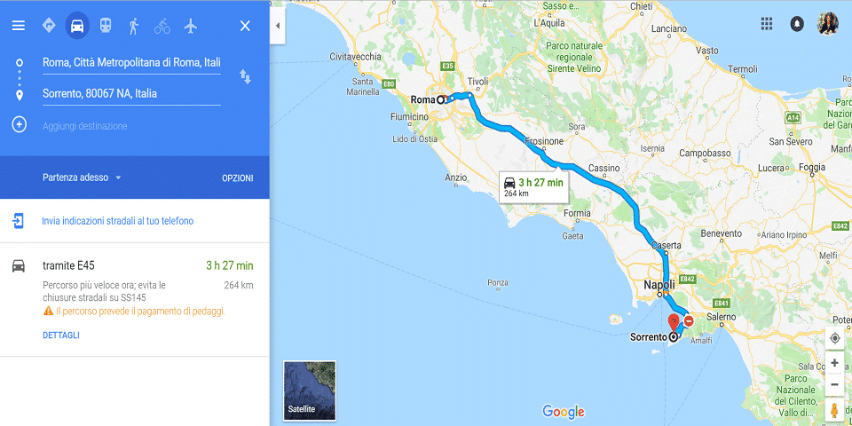 from Rome to Sorrento by car route map