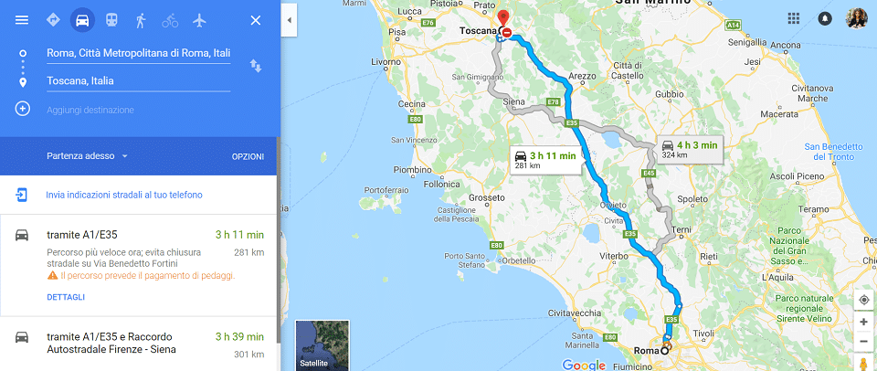 The distance between Rome and Tuscany on map