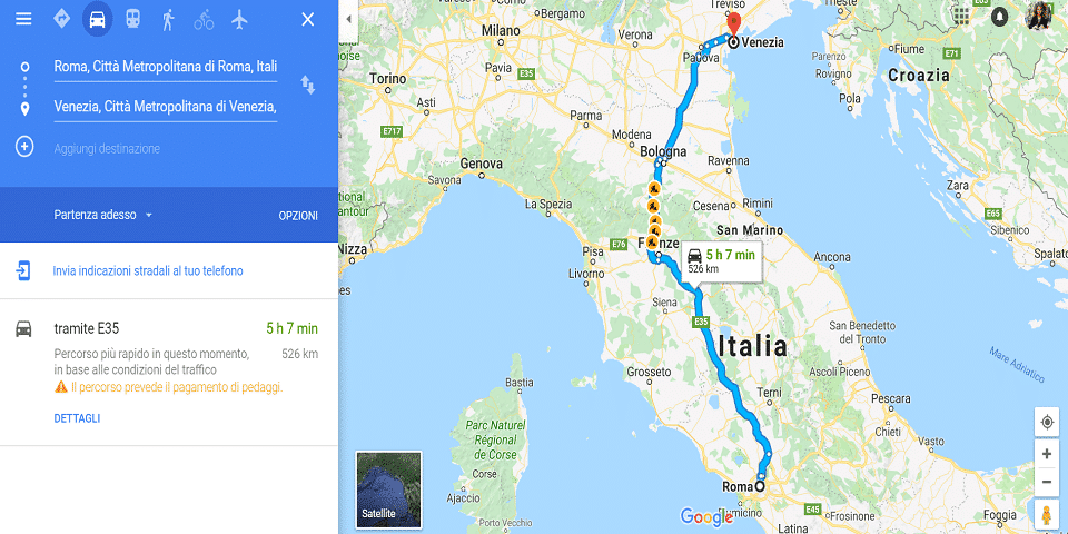 from Rome to Venice by car