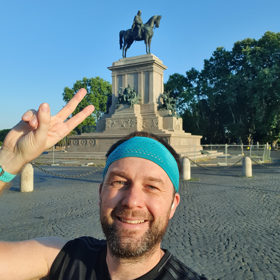 Artur Jakucewicz in front of the Monument to Giuseppe Garibaldi on the Janiculum hill at sunrise, Rome