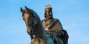 Full front view of the Giuseppe Garibaldi equestrian monument in Rome with the ITALIA E VITTORIO EMANUELE dedication inscription on the base