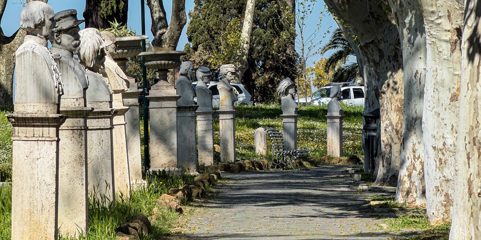Marble busts of Italian patriots lining the tree-shaded Janiculum promenade in Rome
