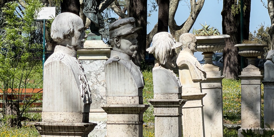 Different military uniforms and headwear represented among the marble patriot busts on Janiculum Hill