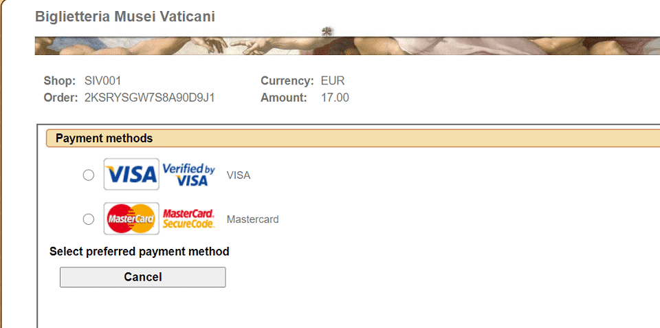 Payment methods for buying tickets to the Vatican Museums online