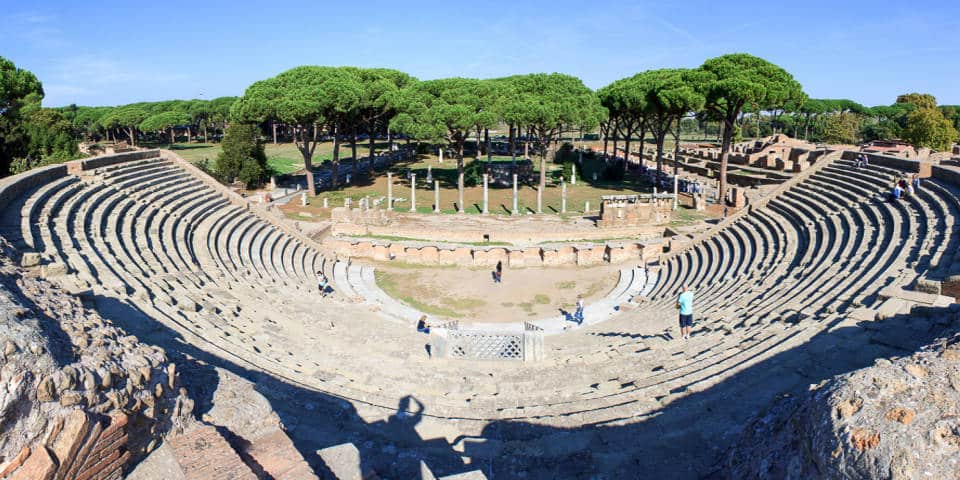 Ruins of the Ancient Theater in the archaeological complex of Ostia Antica