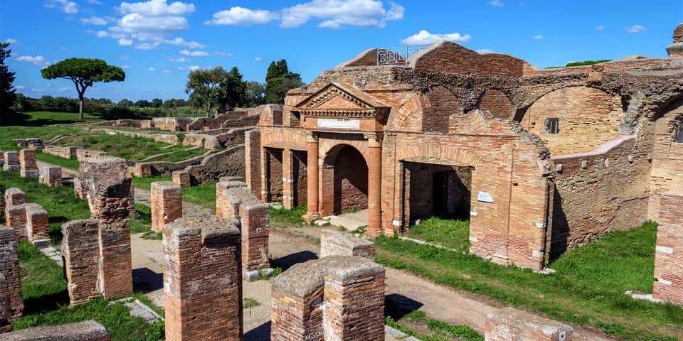 Ruins of ancient architecture in the archaeological complex of Ostia Antica
