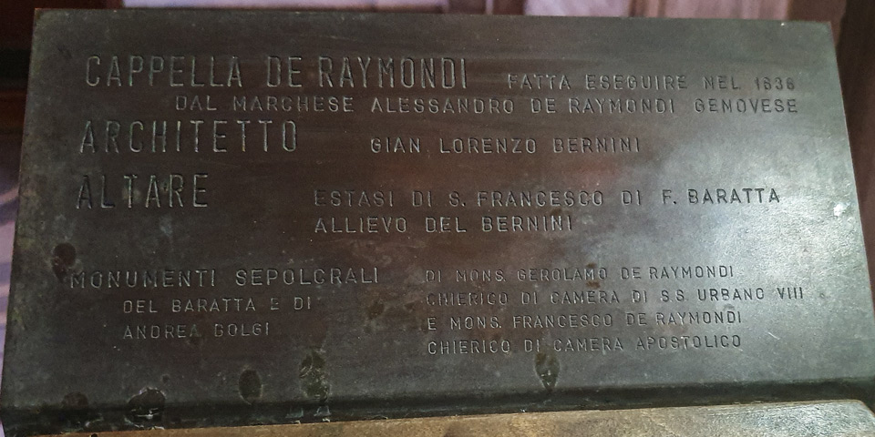 Plaque identifying Bernini and his collaborators in the Raimondi Chapel