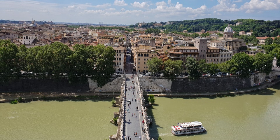 Ponte Sant'Angelo and the Tiber seen from the terrace of Castel Sant'Angelo, Rome