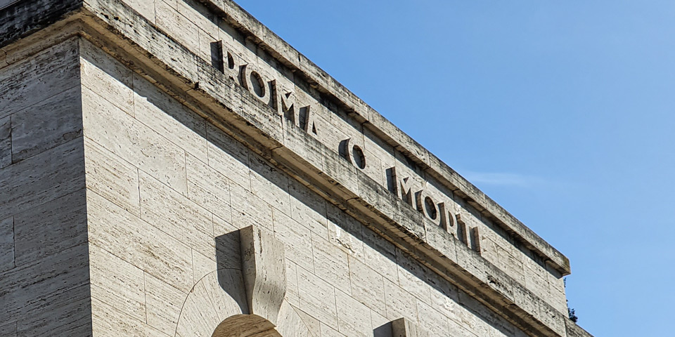 Roma o Morte inscription carved into the travertine facade of the Garibaldi Ossuary Mausoleum in Rome