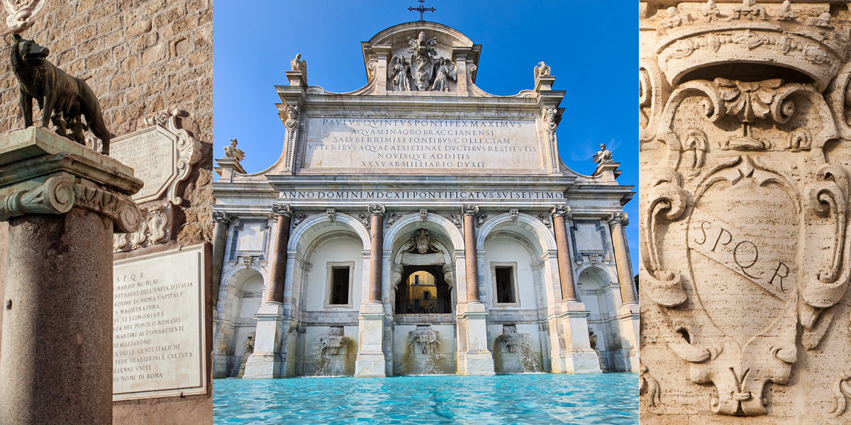 Capitoline Wolf, Latin inscriptions on the Acqua Paola fountain, and an SPQR relief in Rome