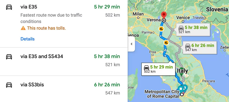 route map from Rome to Verona by car