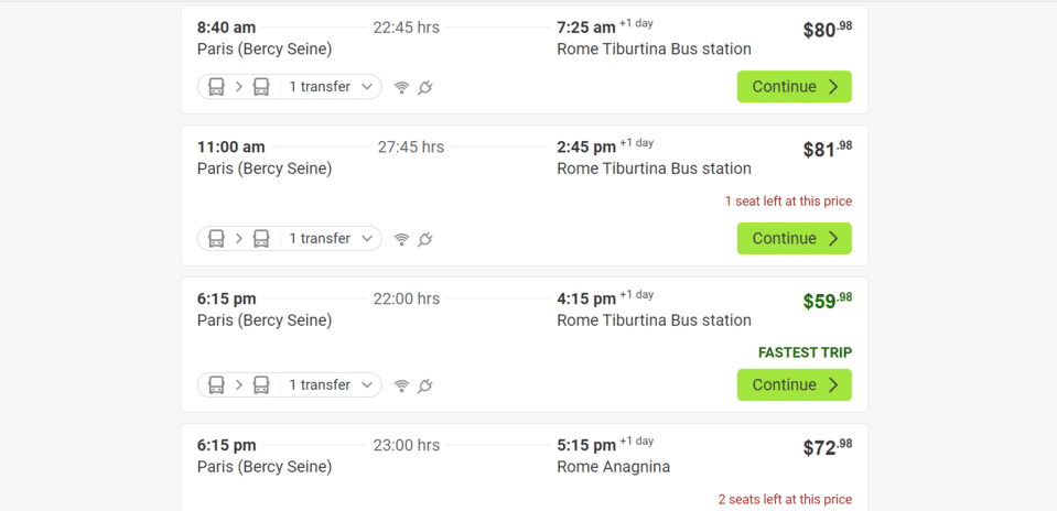 schedule from Paris to Rome by bus