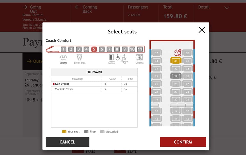 the process of choosing a seat in the car of the Italian high-speed trains Italotreno