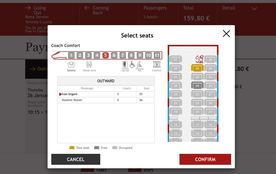 proceso de elección de asiento en italotreno