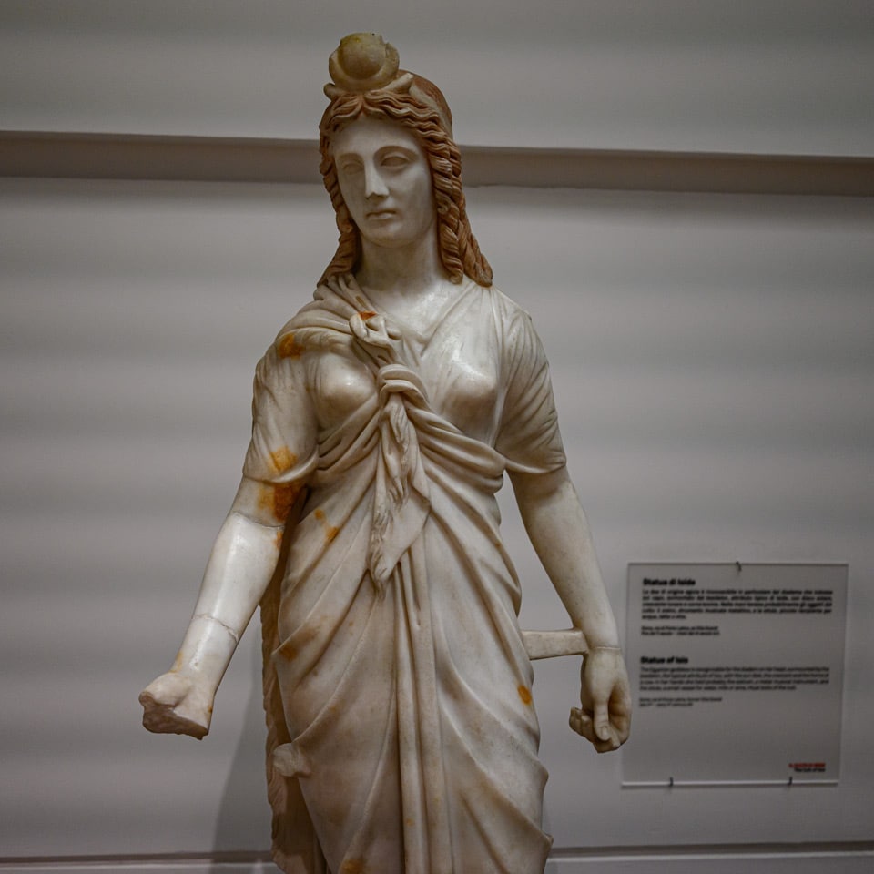 Roman marble statue of the Egyptian goddess Isis with basileion crown, Baths of Diocletian museum, Rome