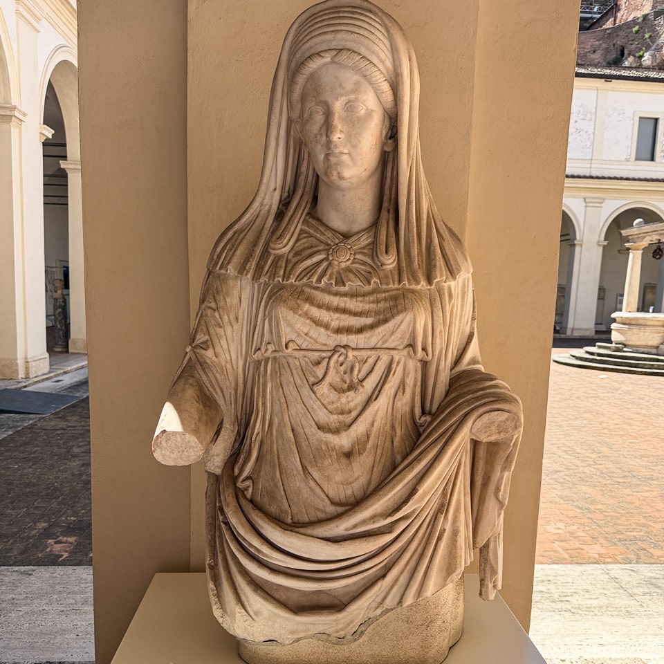 Roman marble statue of a Vestalis Maxima, chief Vestal Virgin, from the House of the Vestals on the Roman Forum, Baths of Diocletian museum, Rome