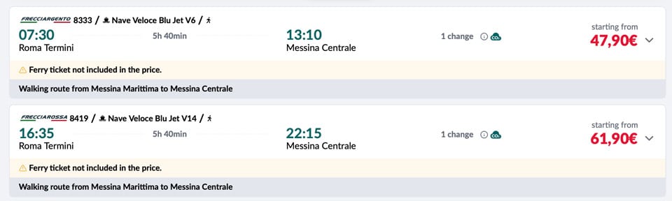 horarios y tarifas tren de Roma a Messina Sicilia