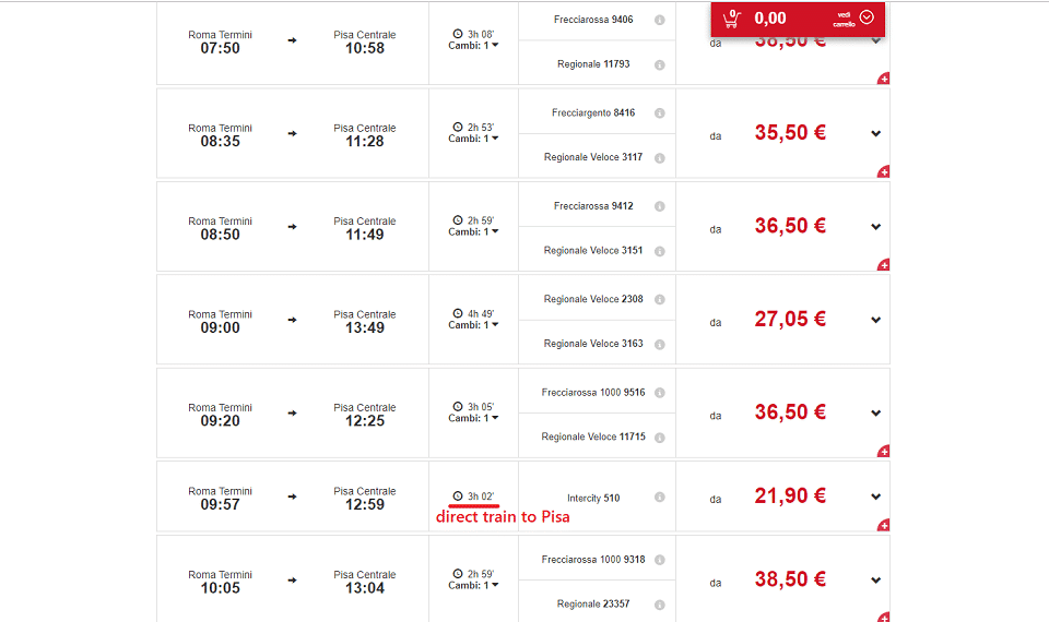 Schedule trains from Rome to Pisa