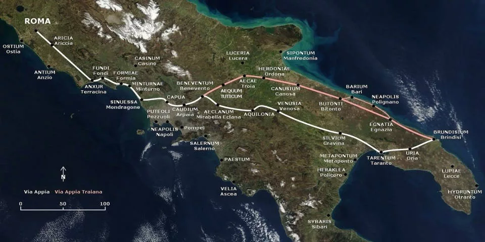 Via Appian way Antica on Italy map