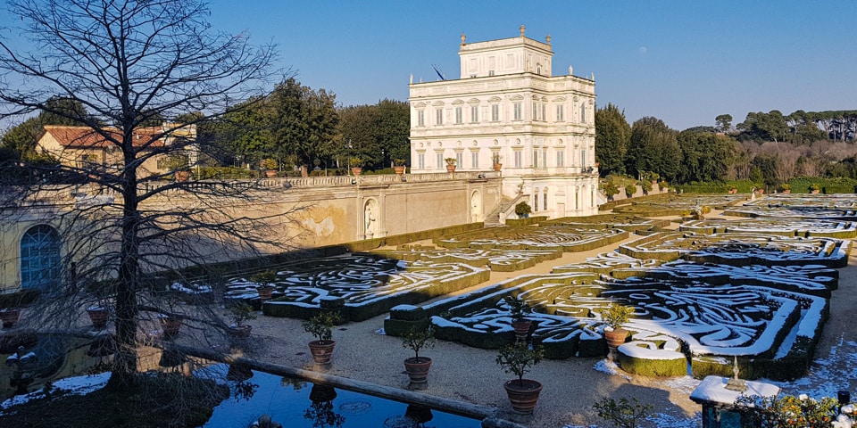 Snow outlining the Secret Garden hedges beside the Casino del Bel Respiro in February 2018