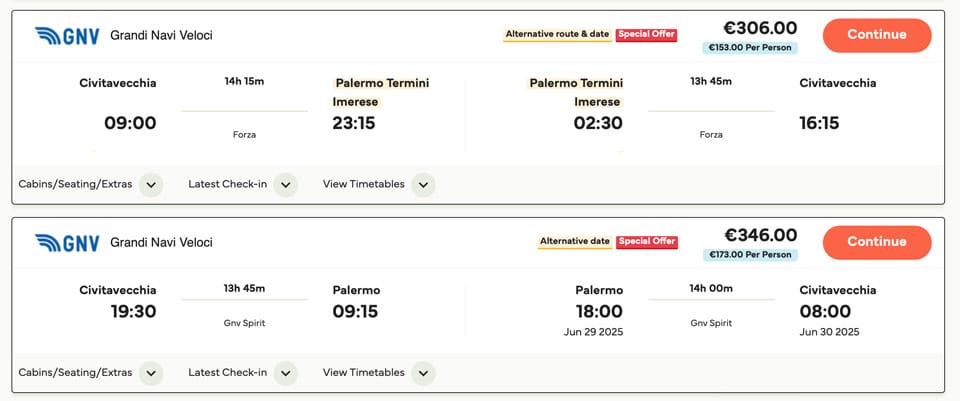 Horarios y precios del ferry de Civitavecchia a Palermo en Sicilia